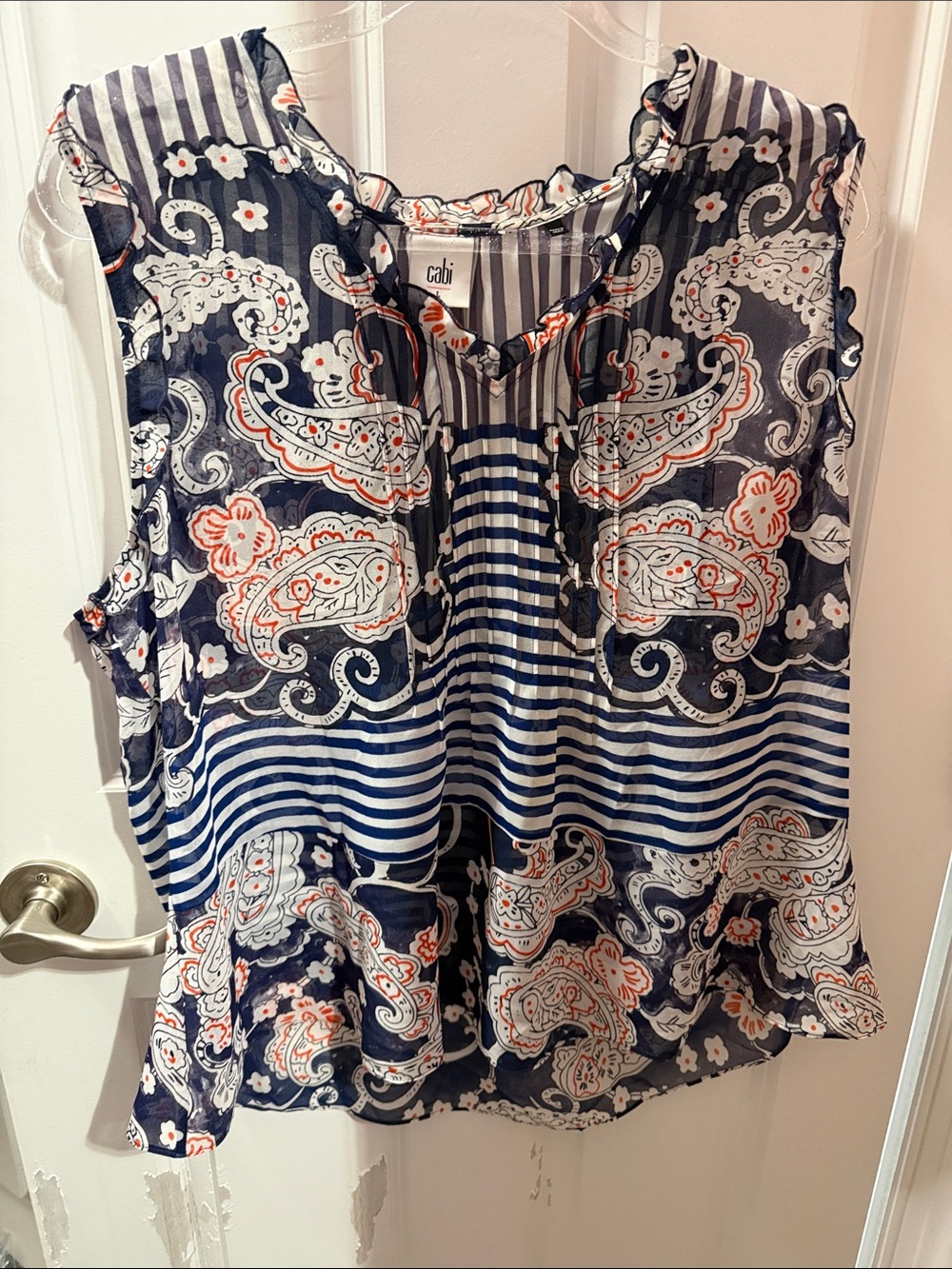 CAbi Navy White and Coral Paisley Stripe Sleeveless Camisole